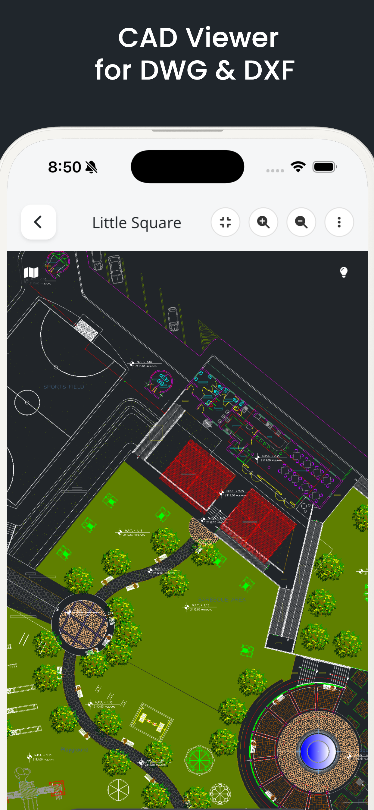 SnapCAD mobile viewer displaying a detailed DWG site plan